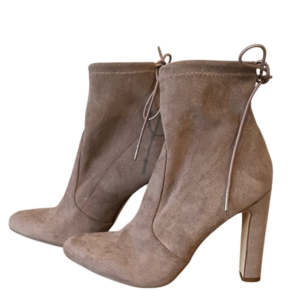 Just Fab Taupe Faux Suede Slip On Ankle Boot Heels lace Back Sphinx Size 8